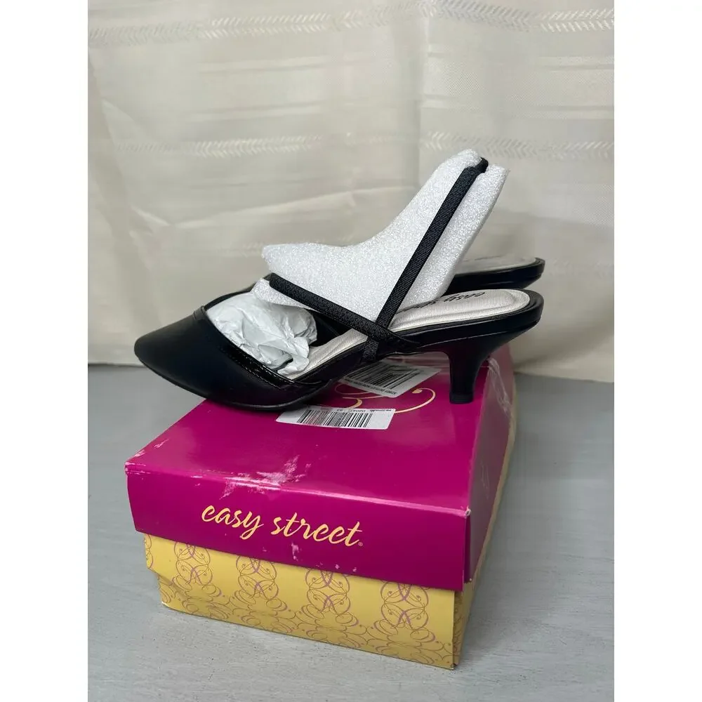 NIB Easy Street Unna Womens 8.5 M Black Multi Strap Pointed Toe Kitten Heels